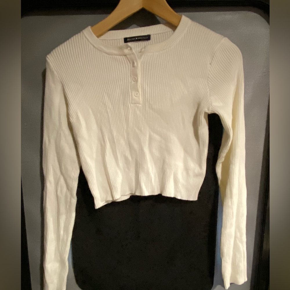 BRANDY MELVILLE womens cream ribbed crop top henley Os - Picture 2 of 5
